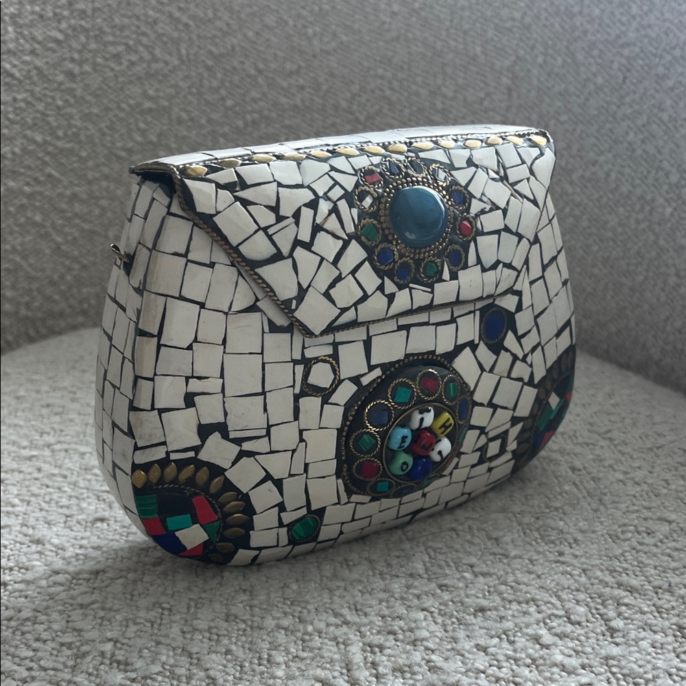 Spanish Mosaic Patterned Clutch Bag - White and Multicolor